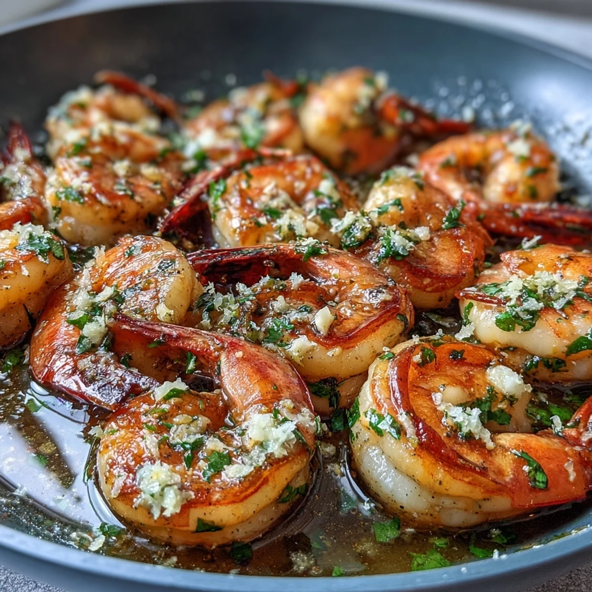 3. Aromatische Knoblauchbutter-Garnelen auf einem weißen Teller, dampfend heiß und bereit zum Genießen.