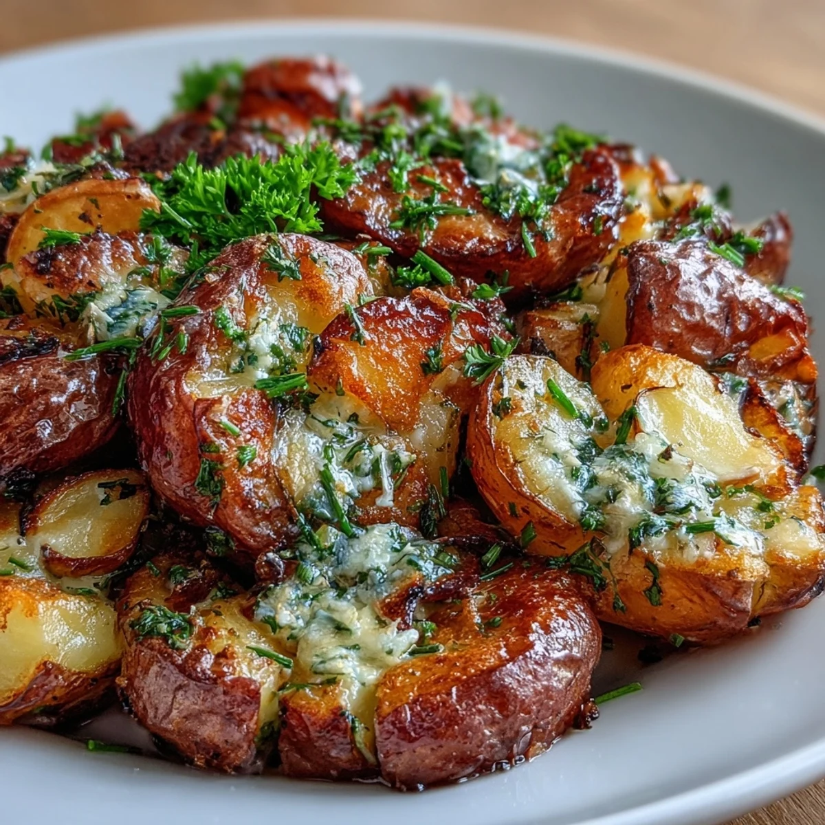 Zarte, zerdrückte Kartoffeln mit cremiger Knoblauch-Butter und knuspriger Oberfläche.  