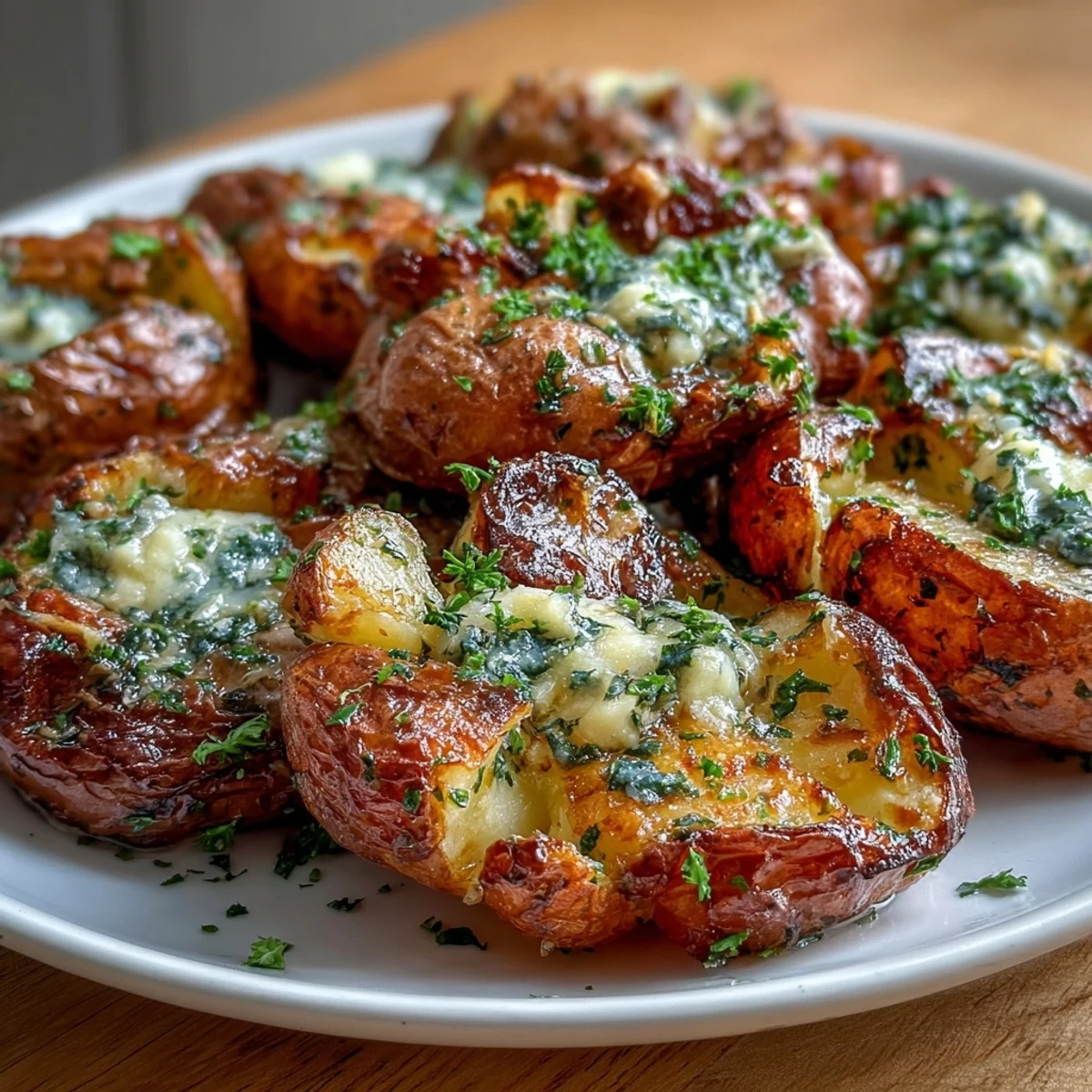 Aromatische, zerdrückte Kartoffeln mit geröstetem Knoblauch, frischen Kräutern und goldbrauner Kruste.