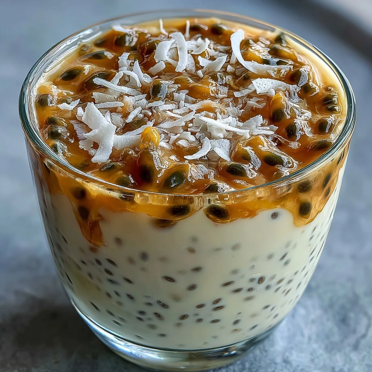 1. Cremige Chia-Pudding mit Passionsfruchtpüree und frischer Kokosnuss, ein erfrischendes Dessert oder leichtes Frühstück.
