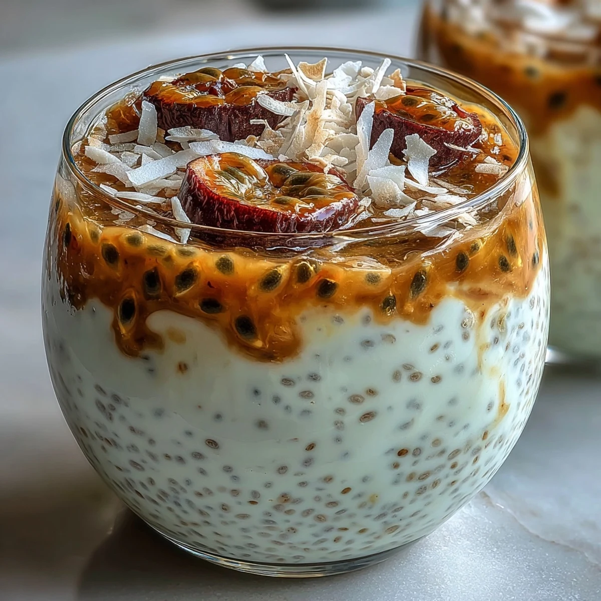 2. Tangy Passionfruit Chia Pudding mit Kokos-Topping, perfekt für ein gesundes Dessert oder erfrischendes Frühstück.