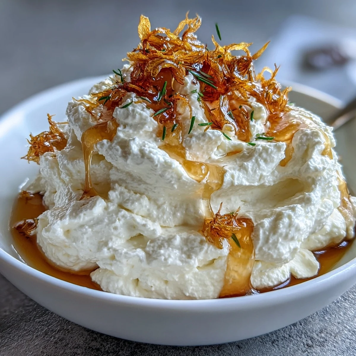 1. Cremige, säuerliche Honig-Feta-Creme mit gesalzenem Honig und floralen Noten – perfekt als Vorspeise.