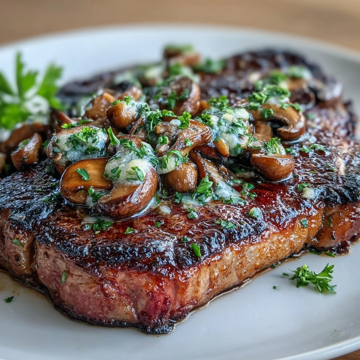 2. Reichhaltiges Steak mit einer knusprigen Kruste aus Wildpilzen und Knoblauchbutter, serviert mit frischer Petersilie und Zitronenspalten für ein raffiniertes Geschmackserlebnis.