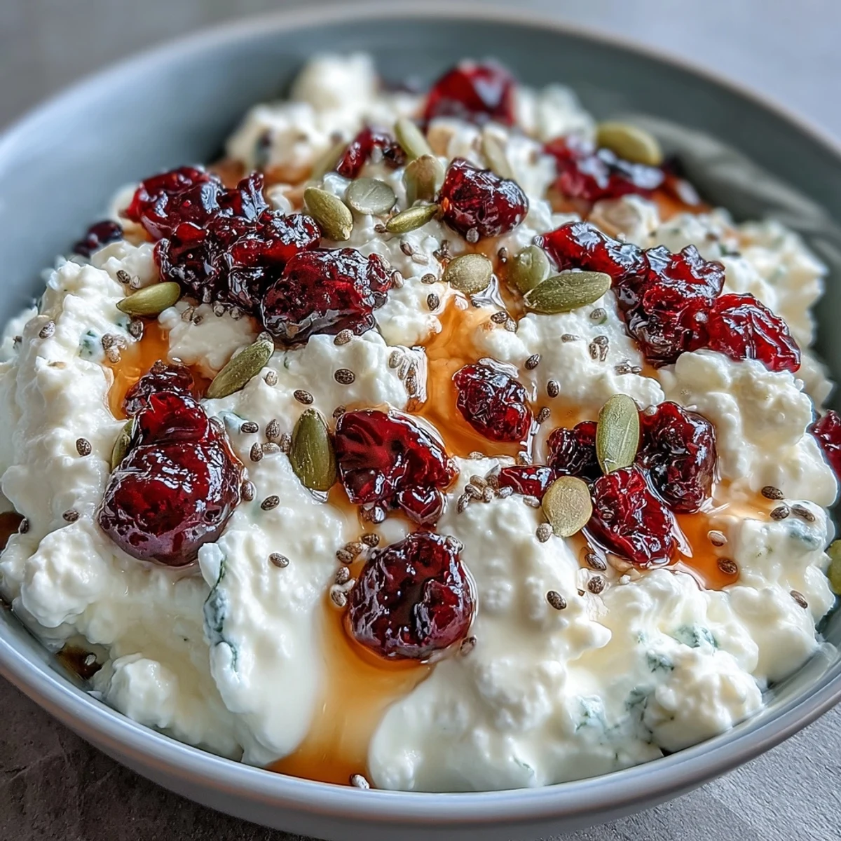 Nährstoffreiche Frühstücksschale mit cremigem Hüttenkäse, frischen Beeren und knusprigen Samen, perfekt für einen gesunden Start in den Tag.