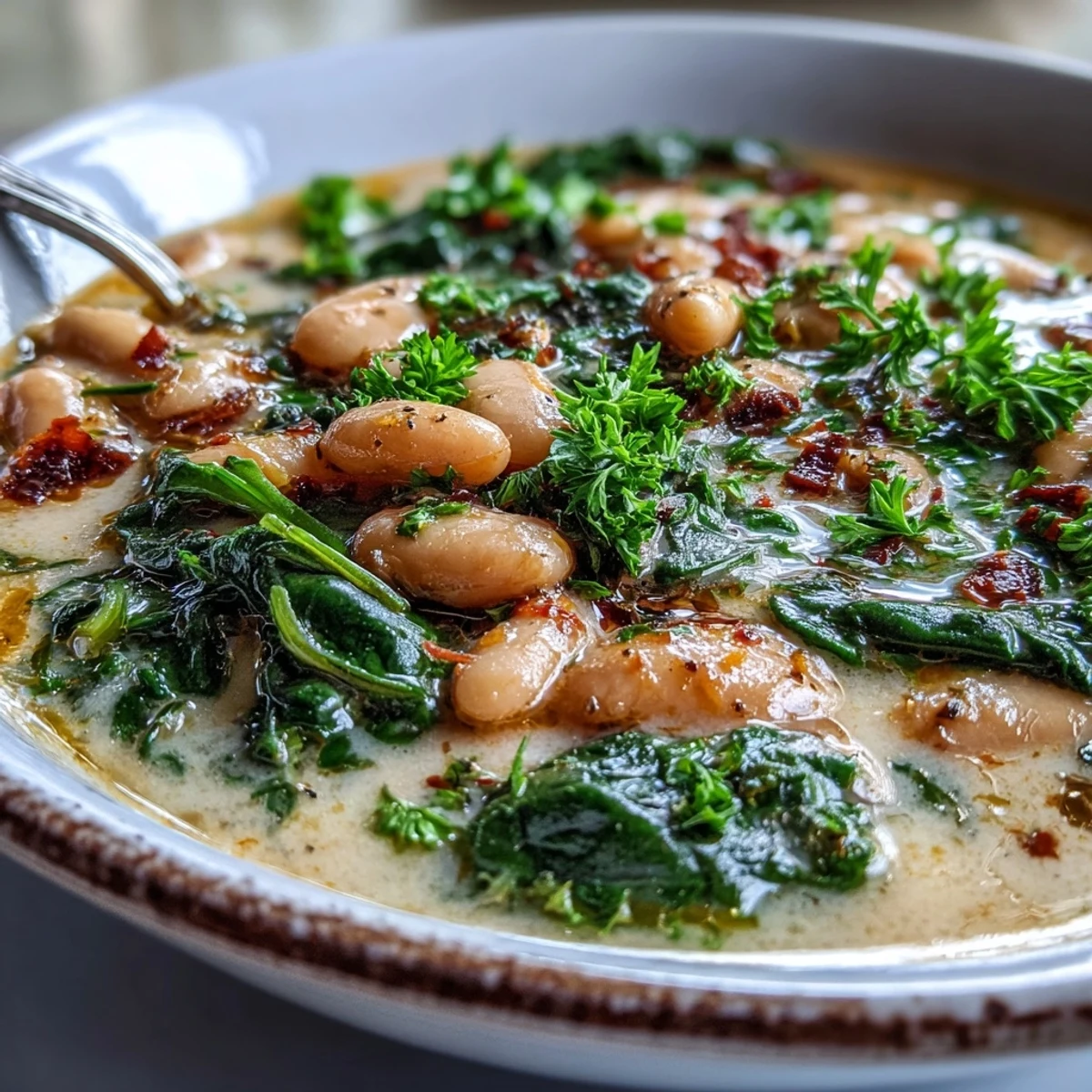 Cremige weiße Bohnen und zarter Spinat in duftender Kräuterbrühe, perfekt für kühle Abende.