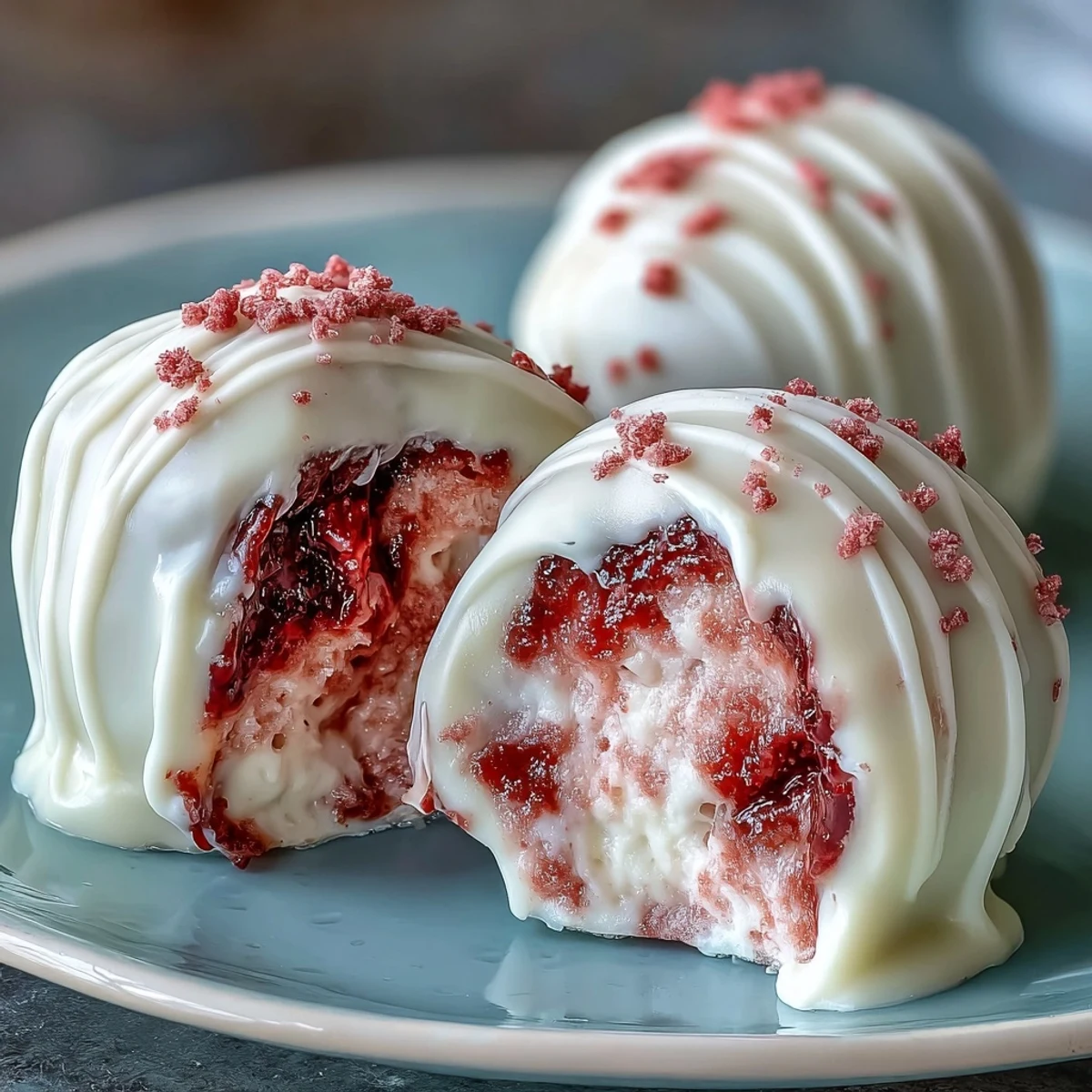 Romantische Erdbeer-Trüffel mit cremiger weißer Schokolade überzogen – ein köstliches Valentinsgeschenk für Liebhaber.