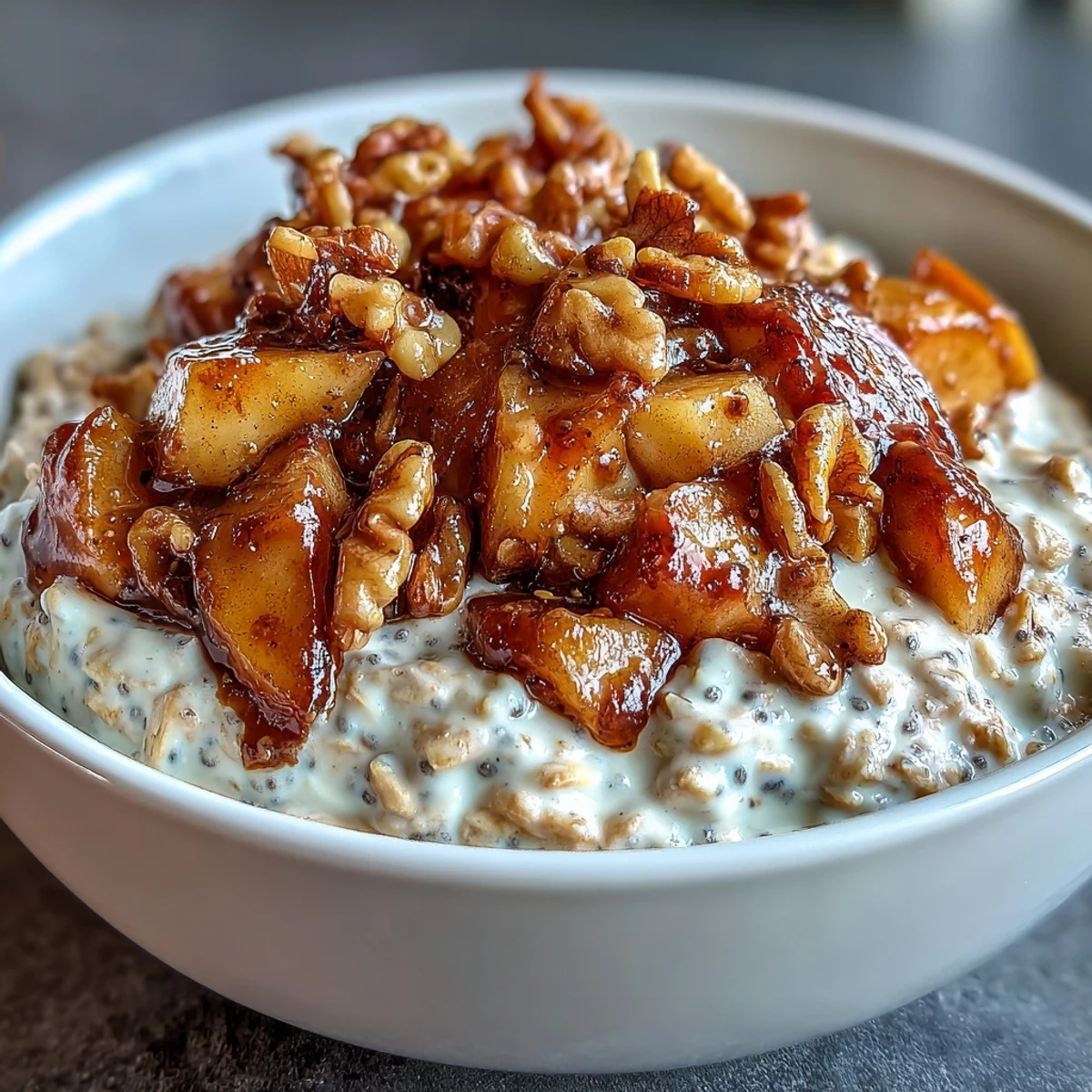 3. Schichtung aus Overnight Oats, karamellisierten Zimt-Äpfeln und gerösteten Walnüssen – ein nahrhafter Start in den Tag.