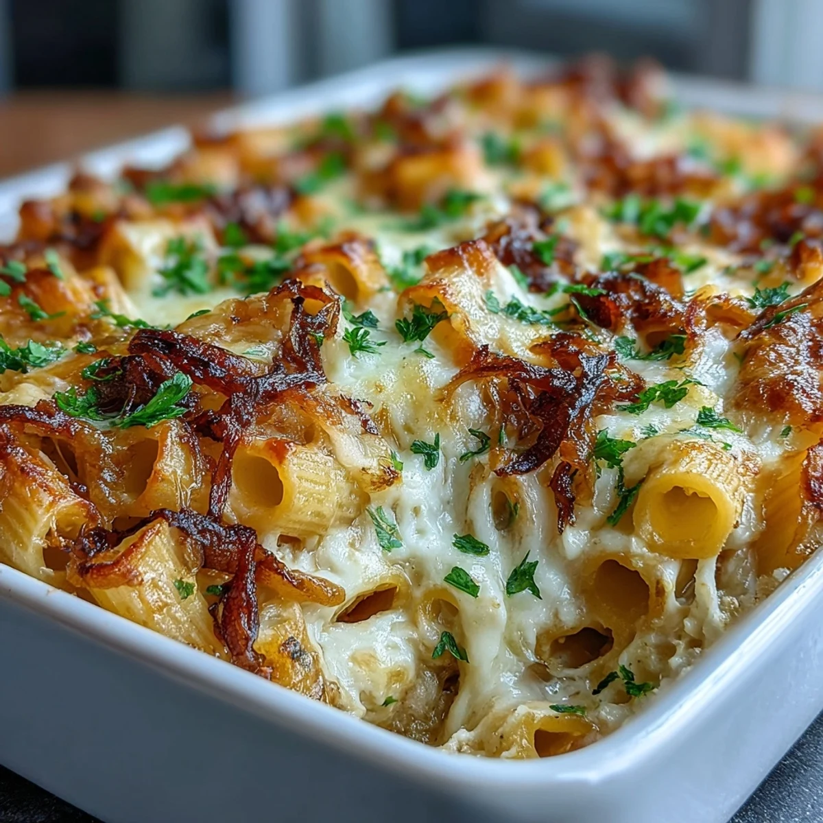 Käsig gebackene Pasta mit karamellisierten Zwiebeln und Gruyère.