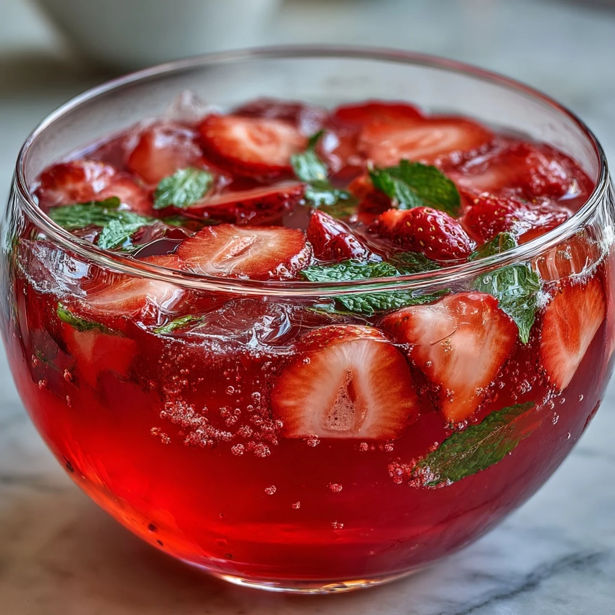 1. Galentines Pink Lemonade Strawberry Punch mit frischen Erdbeeren und Zitronenscheiben in einem großen Bowle-Glas.  