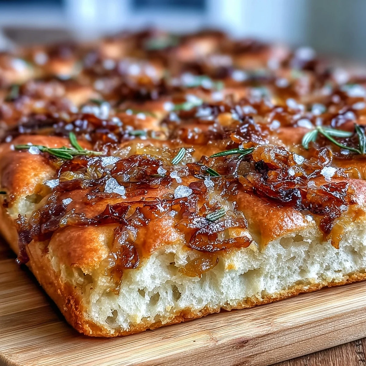 1. Sauerteig-Zwiebel-Focaccia mit goldgelben, karamellisierten Zwiebeln und knuspriger Kruste, perfekt für jeden Anlass.  