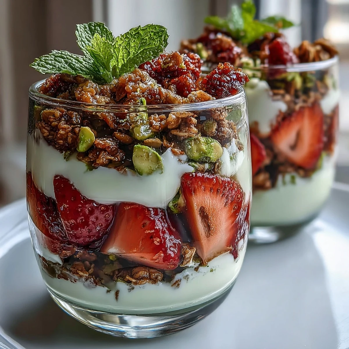Bunter Pistazien- und Erdbeer-Frühstücksgenuss mit saftigen Beeren, cremiger Joghurtfüllung und knackigen Nüssen.