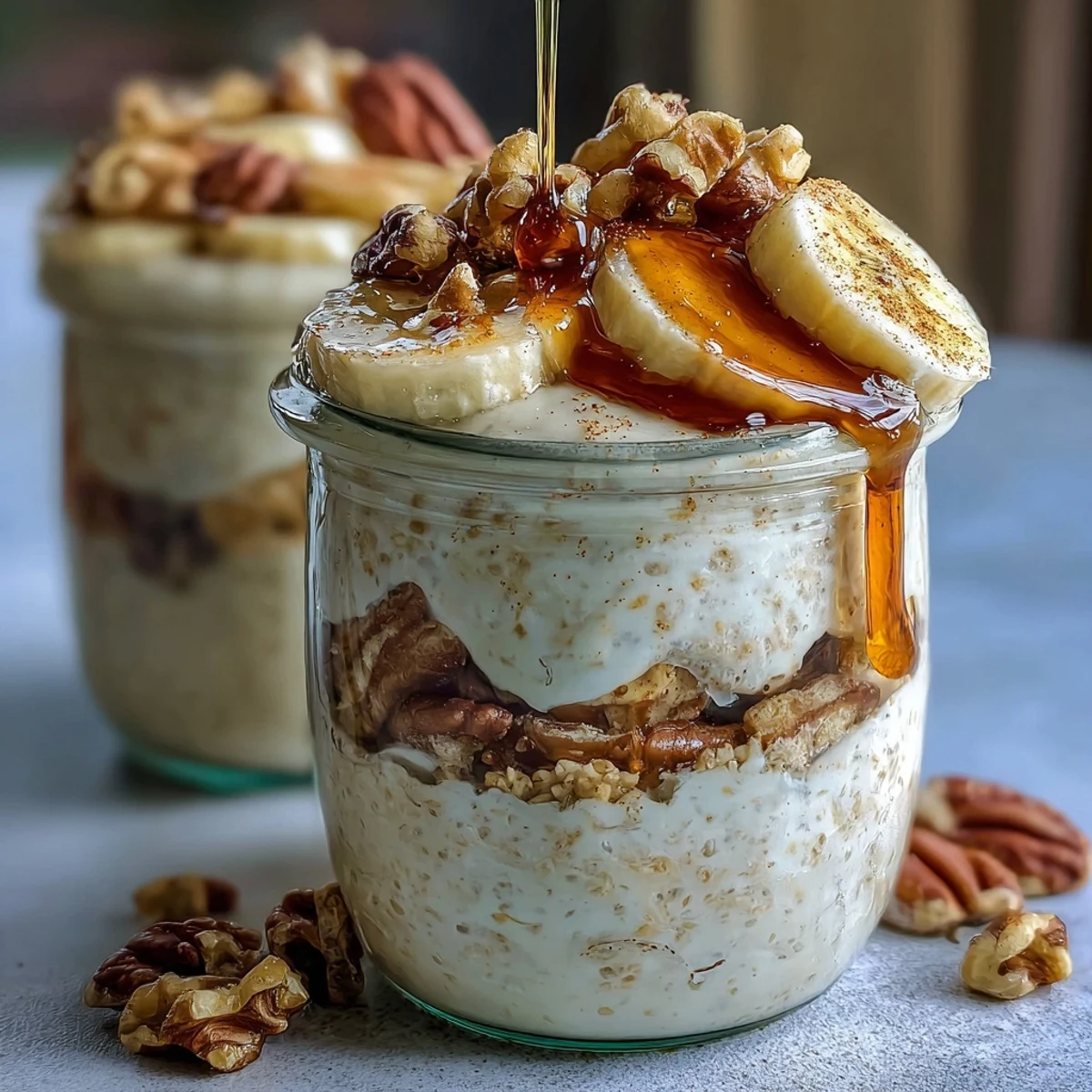 Gesunde Bananenbrot-Haferflocken mit knusprigen Walnüssen, perfekt für ein schnelles Frühstück.  