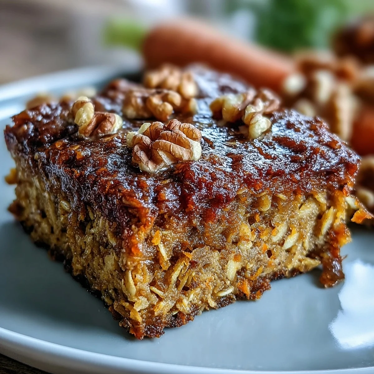 Feuchte Karottenkuchen-Haferflocken-Quadrate mit geriebenen Karotten, warmen Gewürzen und knusprigen Nüssen für ein gesundes Frühstück.  