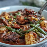 Einladender, dampfender Kentucky Derby Burgoo Eintopf, serviert mit Brot.