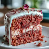 Präsentiert: Rosé Samtkuchen mit schimmerndem Goldtropfen für besondere Anlässe.