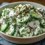 Crémiger Gurkensalat mit Frischkäse und Bagel-Gewürz, erfrischend und lecker.