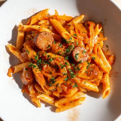 One-Pot Currywurst Pasta: a delicious, steaming pot of pasta with smoky sausages and curry spices.