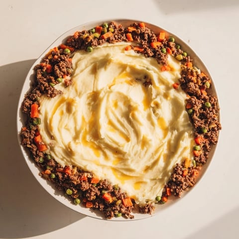 Golden bubbly Rustic German Shepherd's Pie topped with creamy cheddar mashed potatoes, a hearty family meal.