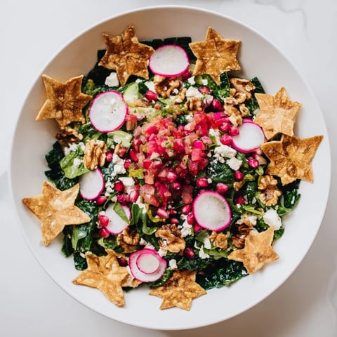 Golden snowflakes: Winter Salad with tortilla chips, colorful vegetables and vibrant salsa.