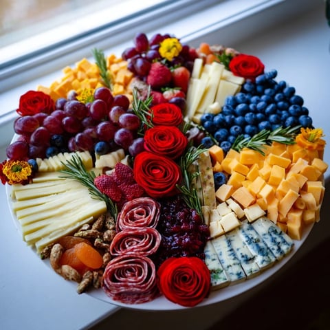A visually striking The Nutcracker Suite Board with colorful cheeses, meats, and fruits, perfect for sharing.