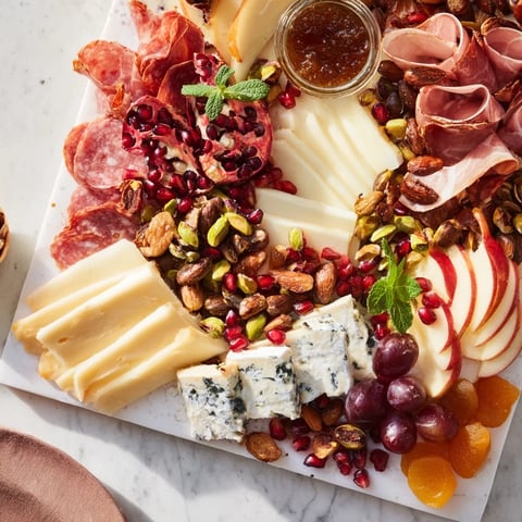 Pomegranate Jewel Cascade cheese board, bursting with vibrant pomegranate seeds and fresh fruits.