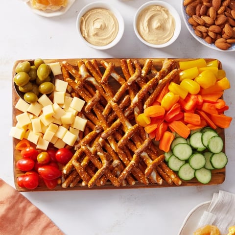A visually stunning Urban Grid snack platter featuring cheddar, veggies, and pretzel "streets," ready to eat.