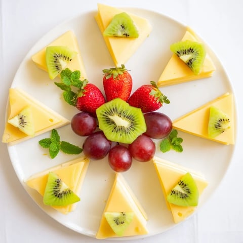 A vibrant Kaleidoscope Circle appetizer: Fresh fruit and cheese arranged in patterned slices.