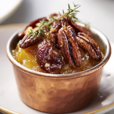 Warm and inviting, the Copper Kettle appetizer features caramelized onions, pecans, and dates, served in a ramekin.