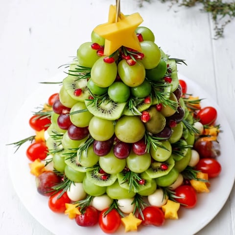 Christmas Tree Triangle Board: A festive appetizer with green grapes, olives, kiwi, and colorful "ornaments".