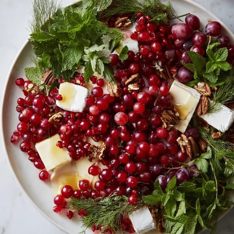 Festive Holly Berry Cluster platter with vibrant red berries, creamy cheeses, and fresh herbs to enjoy.