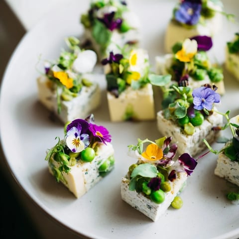 A charming "Secret Garden" appetizer, featuring cheese cubes hidden by vibrant edible flowers.
