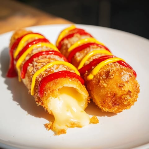 Golden-brown, crispy Cheesy Korean Corn Dogs are ready for drizzling with ketchup and mustard.