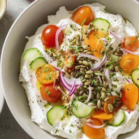 Creamy cottage cheese snack bowl, a high-protein cottage cheese remix, starring fresh tomatoes and cucumbers.