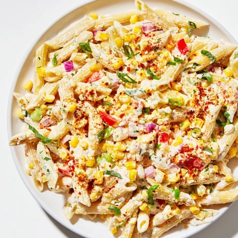 Creamy Mexican Street Corn Pasta, mixed with colorful bell peppers, ready to serve with lime wedges.