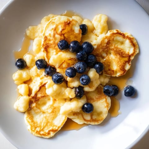 Fluffy scrambled pancakes, golden brown and gently folded in a skillet, perfect for breakfast.