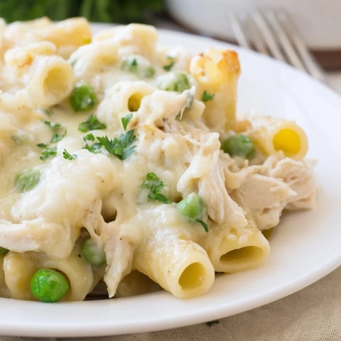 Slow Cooker Chicken Alfredo Pasta Bake: creamy, bubbling casserole with tender chicken and pasta.