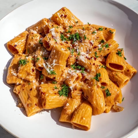A bowl of vibrant Gigi Hadid-Style Spicy Rigatoni, creamy tomato sauce, garnished with fresh parsley.