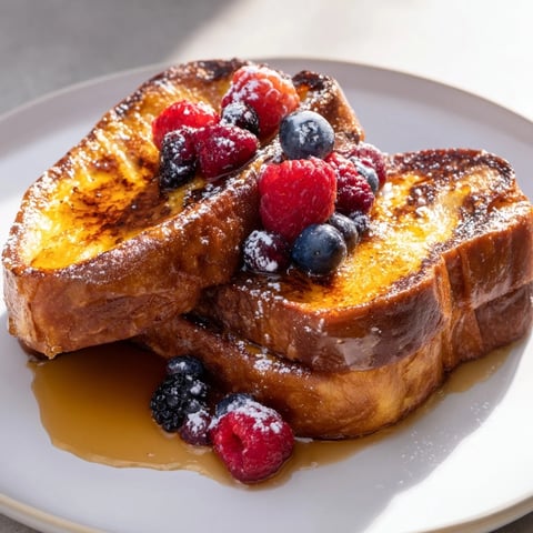 Golden-brown Ice Cream French Toast with caramelized edges, ready for maple syrup.