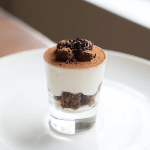 Deconstructed Tiramisu Shots in small glasses, dusted with cocoa and ready to eat.