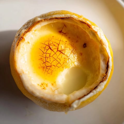 Creamy lemon brûlée posset dessert, with a crisp, caramelized sugar top and served in lemon shells.