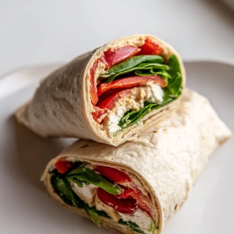 Ein halbierter Mediterranean Veggie Wrap mit cremigem Hummus, knusprigem Spinat und rostigen Paprikastreifen liegt auf einem rustikalen Holztisch.