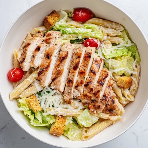 Ein farbenfroher Schüssel mit Spicy Chicken Caesar Pasta, getoppt mit gegrillten Hähnchenbruststreifen, Römersalat und Parmesanspänen.