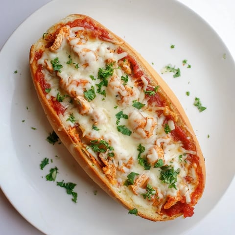 Flüssiges Käsehängen über knusprigen Brotbooten, gefüllt mit würziger Tomatensauce und zarter Hühnchen für ein befriedigendes Mittagessen.  