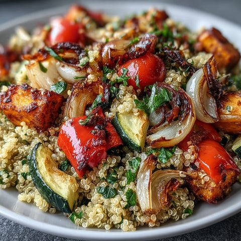 Üppiges Quinoa Gemüse-Pilaw mit geröstetem Gemüse und frischen Kräutern.