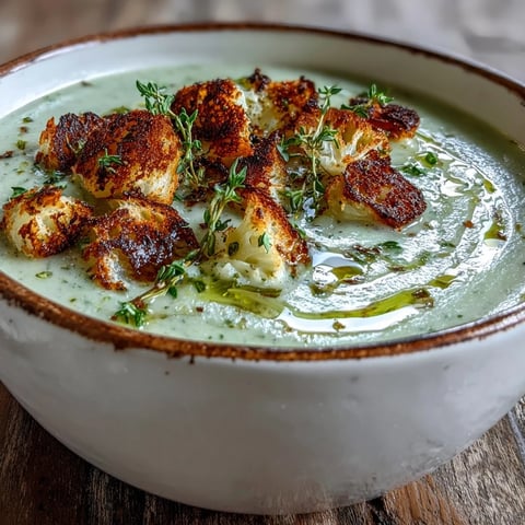 Cauliflower and Broccoli Soup in a rustic bowl, topped with golden, crunchy homemade croutons.