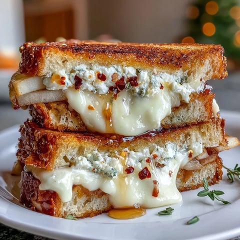 Goat Cheese Grilled Cheese with Honey & Chili Flakes, golden and crisp on buttery sourdough, drizzled with honey.