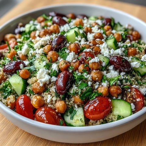 High Protein Quinoa & Chickpea Salad mit Käse und frischen Kräutern auf einem weißen Teller