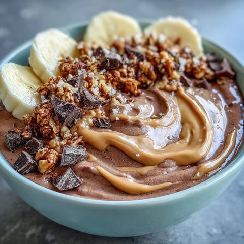 Thick and creamy Chocolate Peanut Butter Smoothie Bowls topped with banana slices and crunchy granola for breakfast.