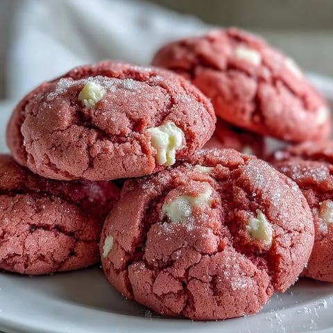 Weiche, pinke Velvet Cookies mit weißen Schokostückchen und zarter Kruste auf einem Küchentisch.