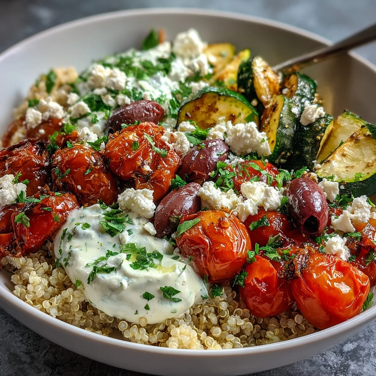 Farbenprächtige Mediterrane Buddha Bowl mit fluffigem Quinoa, geröstetem Gemüse, Hummus und Feta.